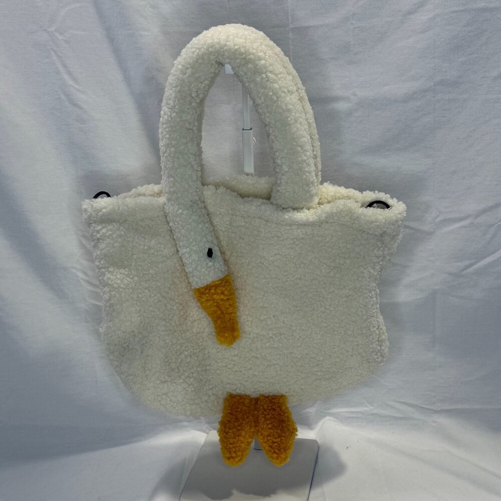 Quirky Swan Fleece Zipper Tote, White/Cream, EUC